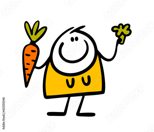 Cartoon happy fat woman loses weight on a diet and holds healthy vegetables from the garden in her hands. Vector illustration of carrot and broccoli harvest.