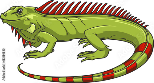 Cartoon iguana mascot, lizard animal or green reptile for sport team club, vector emblem. Varsity sport league mascot, aggressive iguana for soccer, rugby or basketball and volleyball or football game