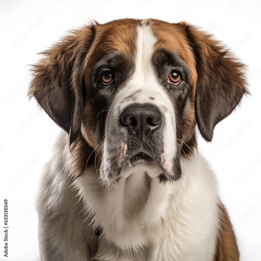 Isolated Portrait of a Visibly Sad Saint Bernard Dog with Ears on White Background