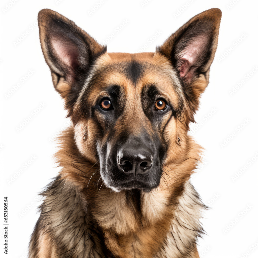 Isolated German Shepherd Dog with Visibly Sad Expression on White Background