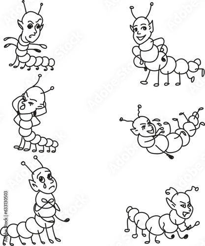 Funny cute centipede shows different emotions. Happy, grumpy, gloomy, angry, smiling, laughing emoji. Smileys in cartoon style. Monoline illustration.
