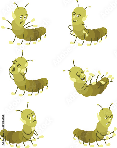 Funny cute green centipede shows different emotions. Happy, grumpy, gloomy, angry, smiling, laughing emoji. Smileys in cartoon style. Colorful illustration.