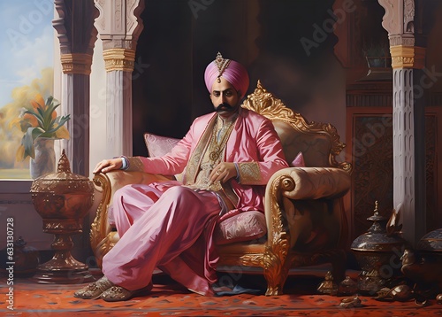 An oil painting of a Hindu maharaja. A king seated on his throne, Inspired by historical Indian emperors. Generative AI. photo