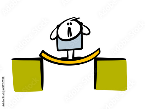 Cartoon stickman clutched his head in fright, stands on an unreliable bridge, the board bent. Vector illustration of a man panic.