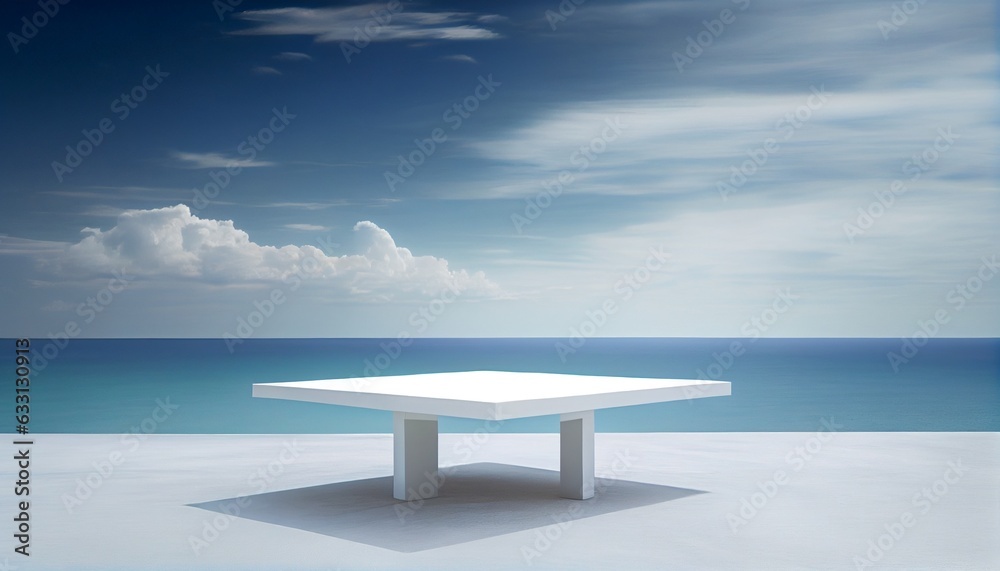 white marble table on the beach. Generative in ai
