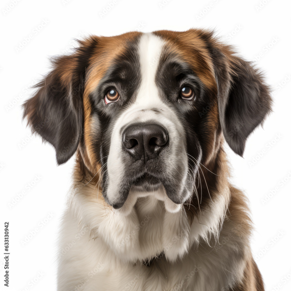 Isolated Portrait of Visibly Sad Saint Bernard Dog with Ears on White Background