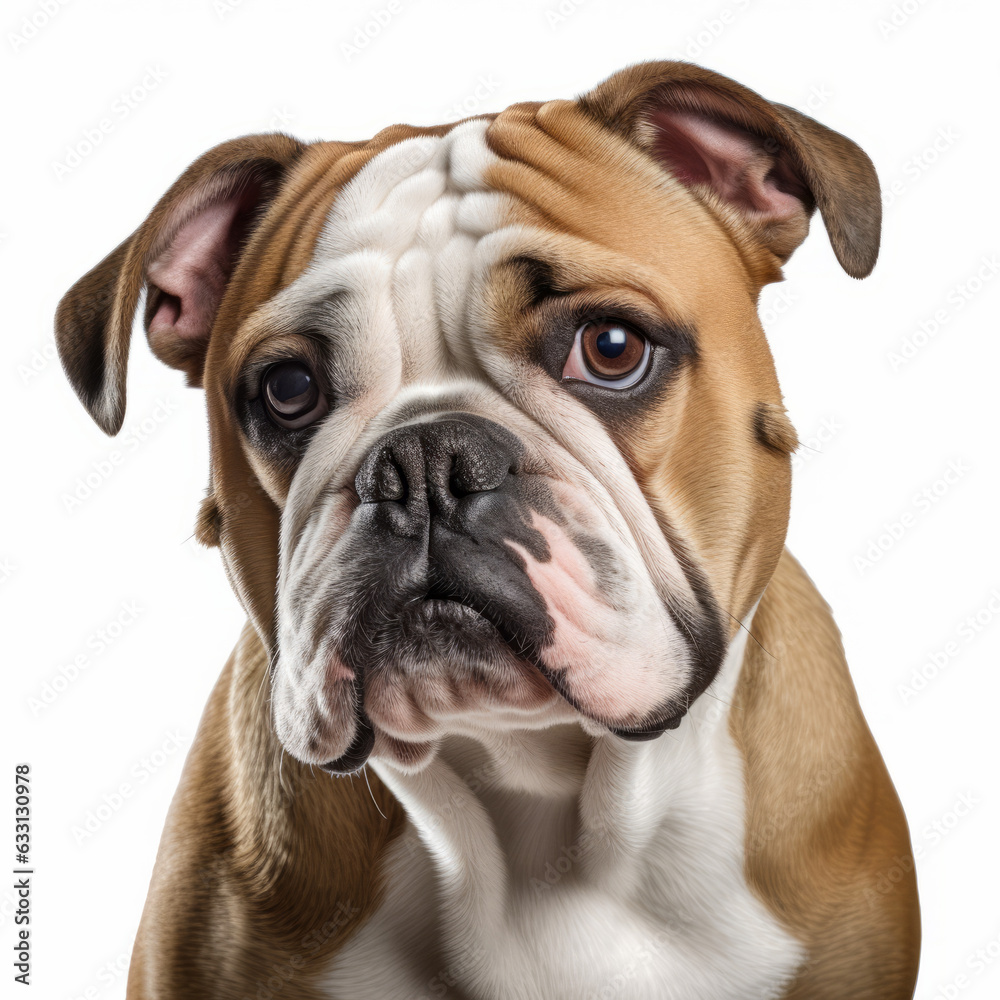 Isolated Bulldog Dog with Visibly Sad Expression on White Background