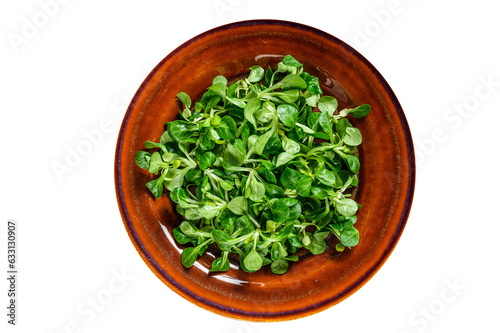 Fresh green corn salad leaves on a rustic plate. High quality Isolate, transparent 