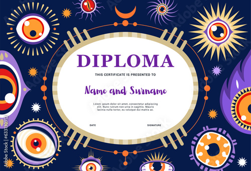 Kids wizard diploma with magical witchcraft eyes vector background frame. Education certificate of magic school, student award with greek and turkish evil eye mystic amulets, esoteric hamsa talismans