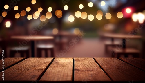 Blank brown wooden table and blurred background with bokeh light. Generative in ai
