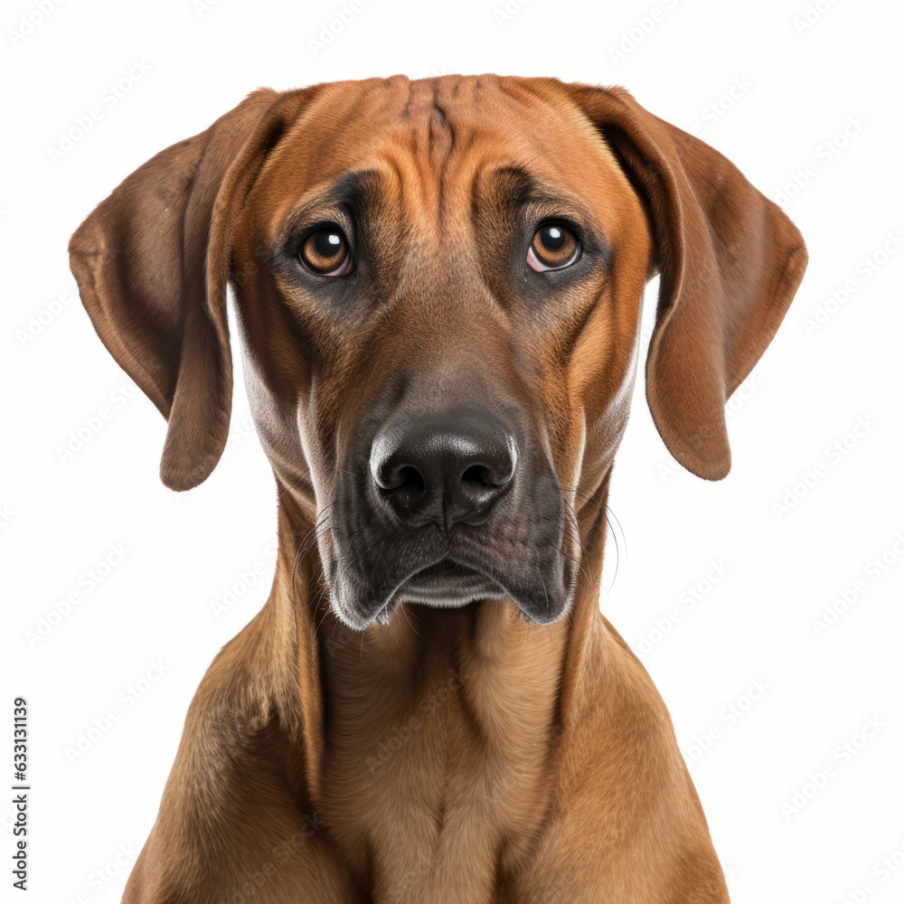 Isolated Rhodesian Ridgeback Dog with Visibly Sad Expression on White Background