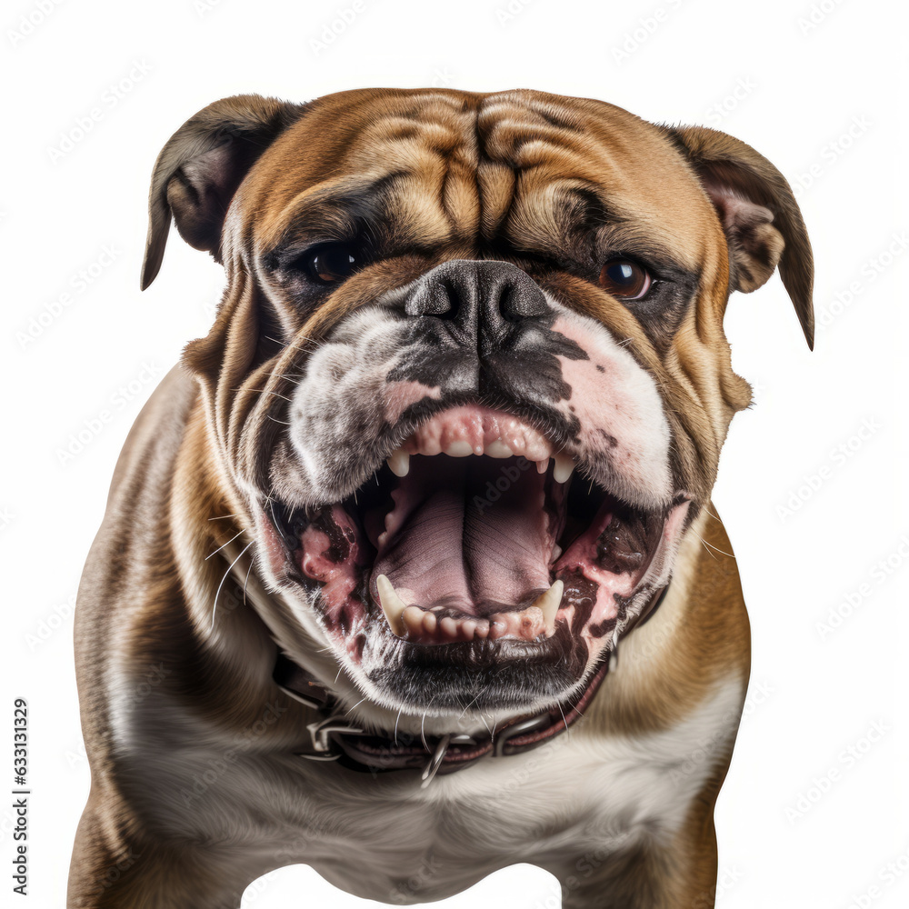 Angry Bulldog Growling Aggressively on White Background - Isolated Image