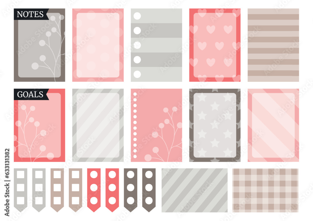 Soft red gray colorful weekly planner stickers set for agenda, notebook, diary. A5 format. 