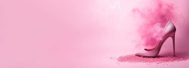 Pink background with high-heeled female shoe and copy space. Women's Day. It's a girl backdrop with empty space. Baby shower or birthday invitation, party. Baby girl birth announcement. Generative AI.