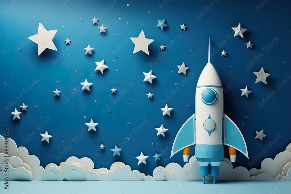 Space rocket and stars on blue background. It's a boy or Men's Day card. Baby shower or birthday invitation, party. Baby boy birth announcement. Generative AI.