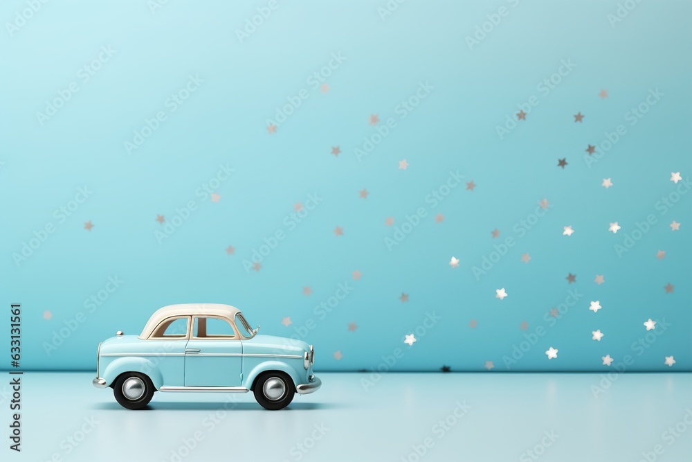 Blue background with toy car and copy space. It's a boy backdrop with empty space for text. Baby shower or birthday invitation, party. Baby boy birth announcement. Men's Day. Generative AI.