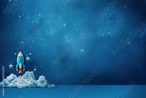 Blue background with space rocket and copy space. It's a boy backdrop with empty space for text. Baby shower or birthday invitation, party. Baby boy birth announcement. Men's Day. Generative AI.