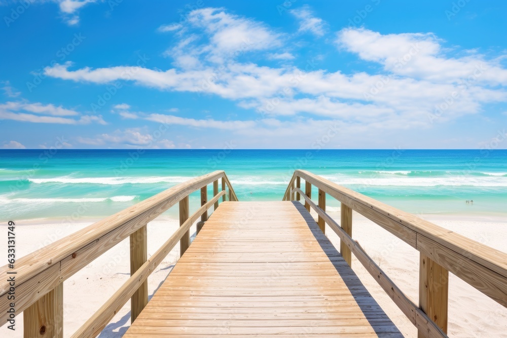 Destin, Florida showcases a charming boardwalk that offers a stunning perspective of a beach house and the vast expanse of the ocean. A wooden pathway extends along the exterior of the beach house