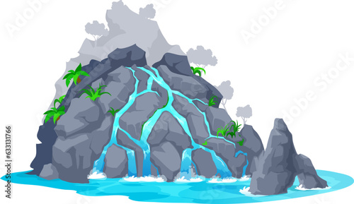 Cartoon waterfall and water cascade of river on mountain rock, vector water stream lake, vector nature scene. Waterfall cascade streams flowing from hill or cliff in jungle island with palm trees