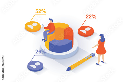 Election and voting concept in 3d isometric design. People calculating results of political votes and making exit polls percentage or results. Vector illustration with isometry scene for web graphic