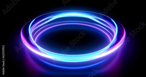 Electromagnetic lights whirl with colors of blue, purple and orange on a black background, light purple and light pink, double lines, rounded, rim light, light black and purple, clear colors.