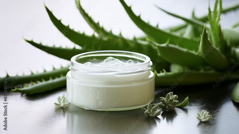 Aloe Vera. Cosmetic cream lotion with natural green fresh Aloe Vera. Copyspace. Photo texture. Horizontal banner. Ai generated Aloe Vera. Cosmetic cream lotion with natural green fresh Aloe Vera. Copyspace. Photo texture. Horizontal banner. Ai generated