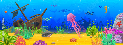 Cartoon underwater landscape with jellyfish and sunken ship on ocean bottom. Vector game level background with rocks, seaweeds, coral reef and animals. Stingray, crab, hippocampus and fish shoals