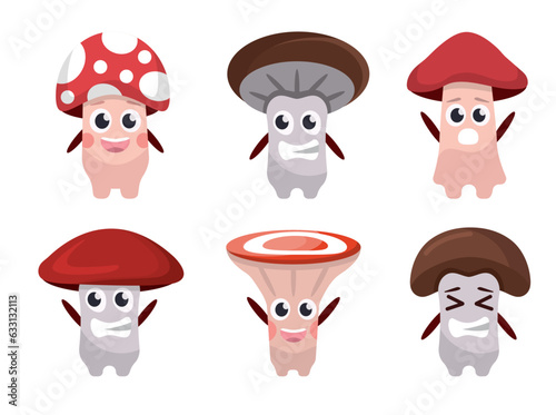 mushrooms characters. cartoon cute funny childish characters mushrooms different emoji, chanterelles, amanita, champignons, porcini, boletus. vector cartoon flat characters set of isolated objects.