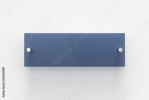Blank blue transparent glass interior corporate signage plate Mock up template, Clear boards for branding, logo. Transparent acrilic advertising signboard mock-up front view. 3D rendering