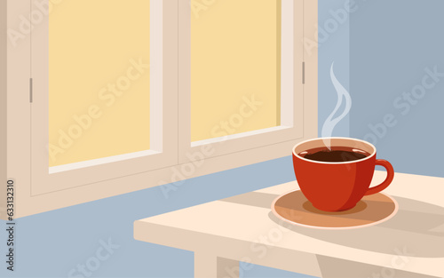 Morning ambience with a cozy cup of coffee on a table by the window. This illustration perfectly blends comfort and tranquility, making it ideal for creating warm and calm vibes in your projects