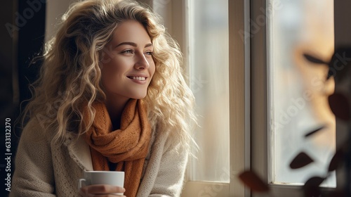 World Mental Health Day. A photo of a targeted woman. Happy blonde woman enjoying coffee by the window on a cold winter day. Peace of mind and mental health.