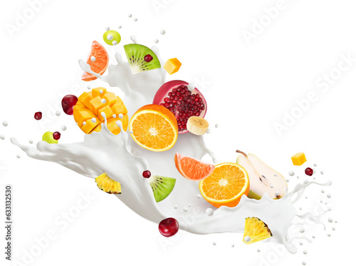 Realistic milk drink flow wave splash and fruits. Isolated vector realistic yogurt or cream white liquid dairy stream with mango, garnet, kiwi, grapefruit and pineapple with cherry and drops fresh mix