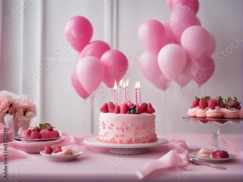 Pink cake in a white room on a table with a pink tablecloth. air balloons. Girl s birthday