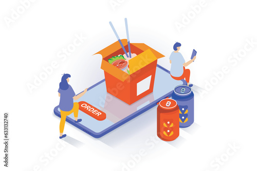 Food delivery concept in 3d isometric design. People ordering noodles wok and drink at lunch from restaurant and buying online using app. Vector illustration with isometry scene for web graphic
