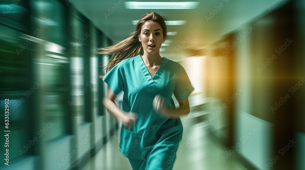 The female doctor running nervously in the hospital corridor. The female doctor running nervously in the hospital corridor.
