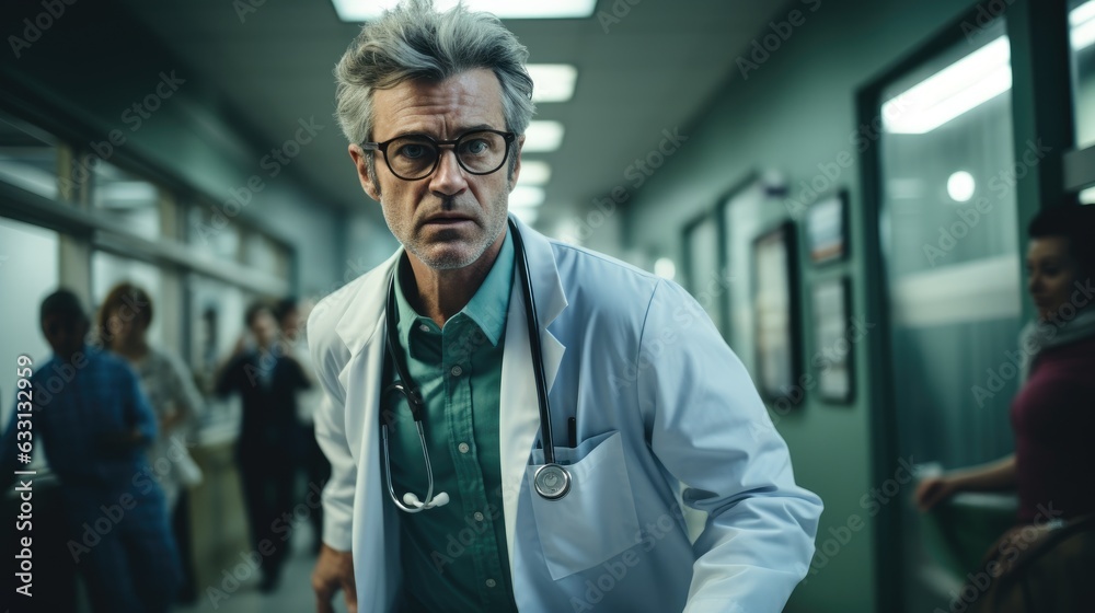 Male doctor running nervously in hospital corridor.