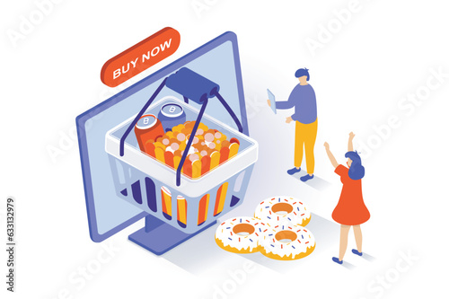 Food delivery concept in 3d isometric design. People order fast food meals in supermarket basket and paying online for purchases and shipping. Vector illustration with isometry scene for web graphic
