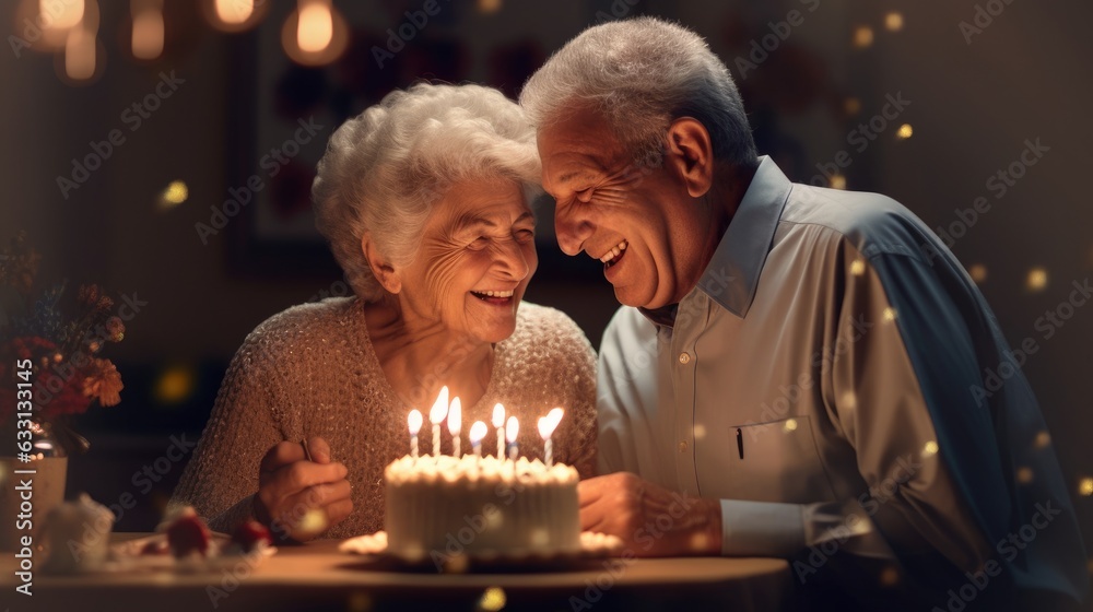 Adorable elderly husband and wife celebrate their birthday happily.