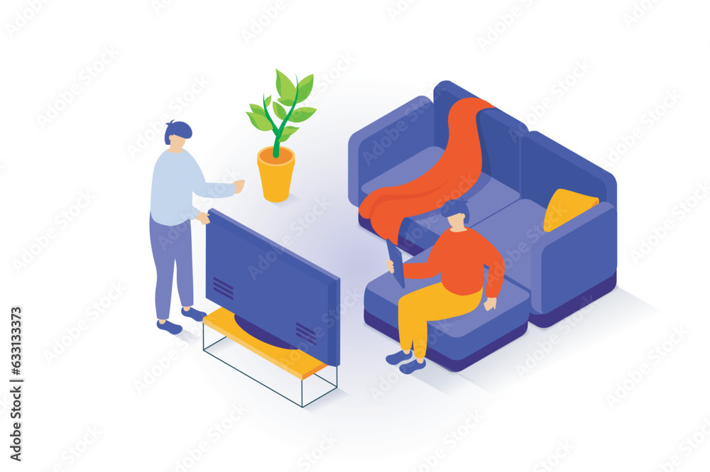 Home interior concept in 3d isometric design. People in living room with big sofa, cushion and blanket, tv plasma on stand and potted plant. Vector illustration with isometry scene for web graphic