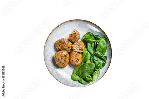  Fish Cakes or Fish balls with tuna and spinach in a plate. High quality Isolate, transparent 