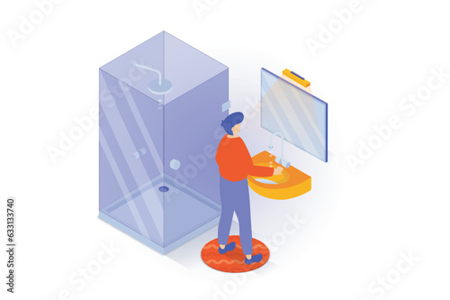 Home interior concept in 3d isometric design. People in small bathroom with shower cabin, carpet on floor, mirror on wall, sink and faucet. Vector illustration with isometry scene for web graphic