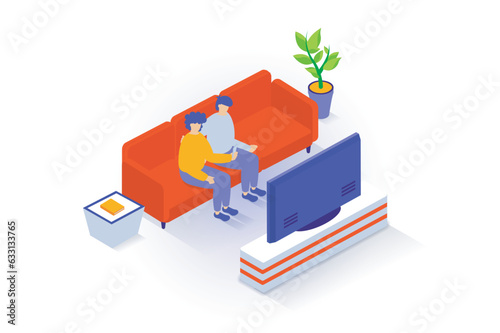 Home interior concept in 3d isometric design. People rest in living room, sit on sofa with side table and plant, watching tv plasma on stand. Vector illustration with isometry scene for web graphic