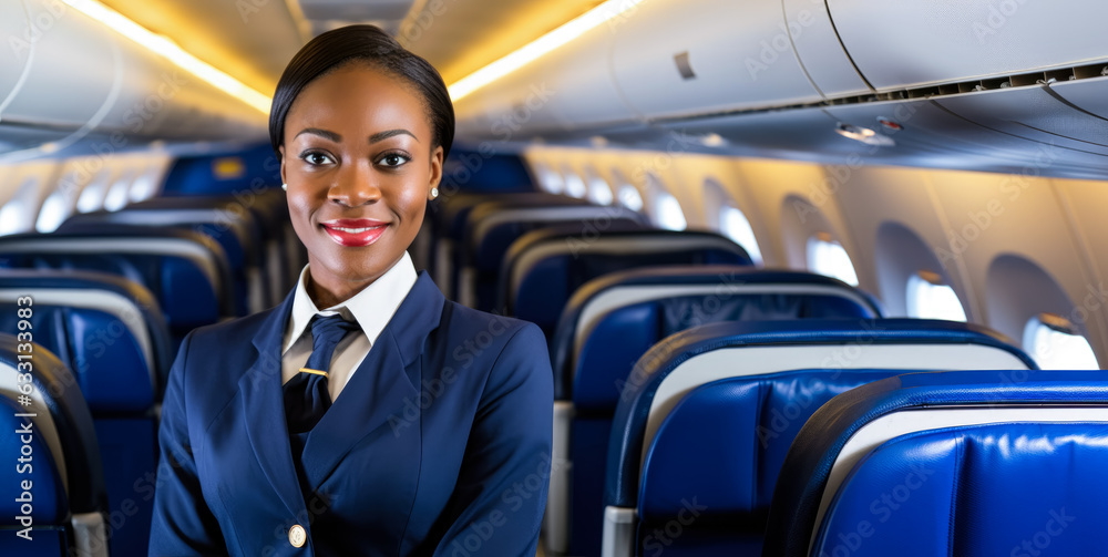 African American woman working as flight attendant. Female airplane stewardess with blurred seats in aisle background. Generative AI African American woman working as flight attendant. Female airplane stewardess with blurred seats in aisle background. Generative AI