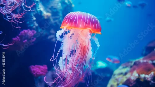 Obraz Light violet jellyfish underwater photography. Close up tentacles wild nature aquarium translucent dangerous poison water creature photo