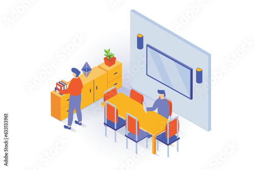 Home interior concept in 3d isometric design. People in workplace with open space with table and chairs, office cabinets with folders and plant. Vector illustration with isometry scene for web graphic