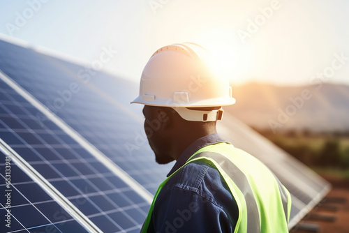 African man wearing safety helmet with solar panel bokeh background. Generative AI © JoelMasson