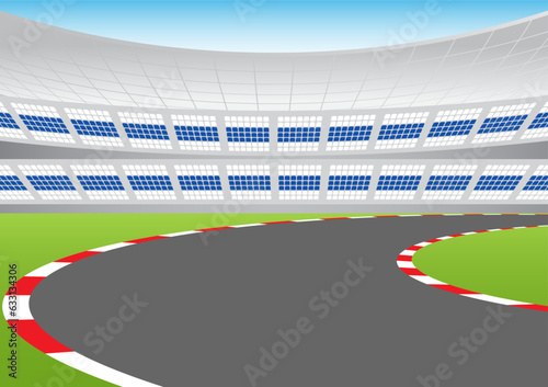 Asphalt racing track with Stadium in Arena. Racing track with Start or Finish line. Go-kart track. Race track road. Vector Illustration.