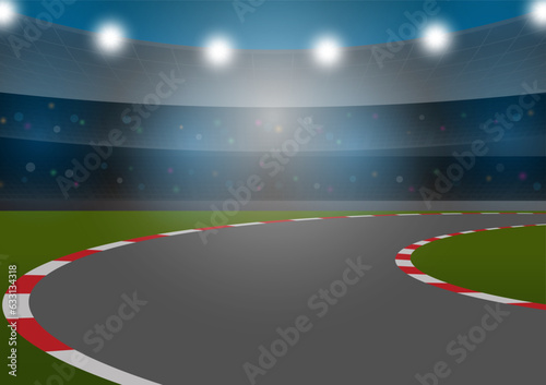 Asphalt racing track with Stadium in Arena. Racing track with Start or Finish line. Go-kart track. Race track road. Vector Illustration.