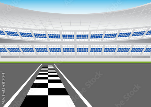 Asphalt racing track with Stadium in Arena. Racing track with Start or Finish line. Go-kart track. Race track road. Vector Illustration.