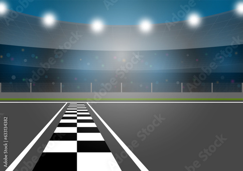 Asphalt racing track with Stadium in Arena. Racing track with Start or Finish line. Go-kart track. Race track road. Vector Illustration.